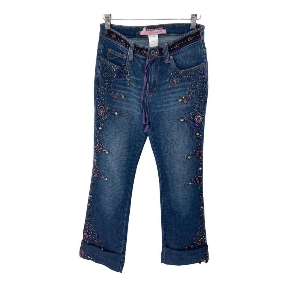 Rinascimento Embellished Straight Leg Jeans in Blue with Purple Accents